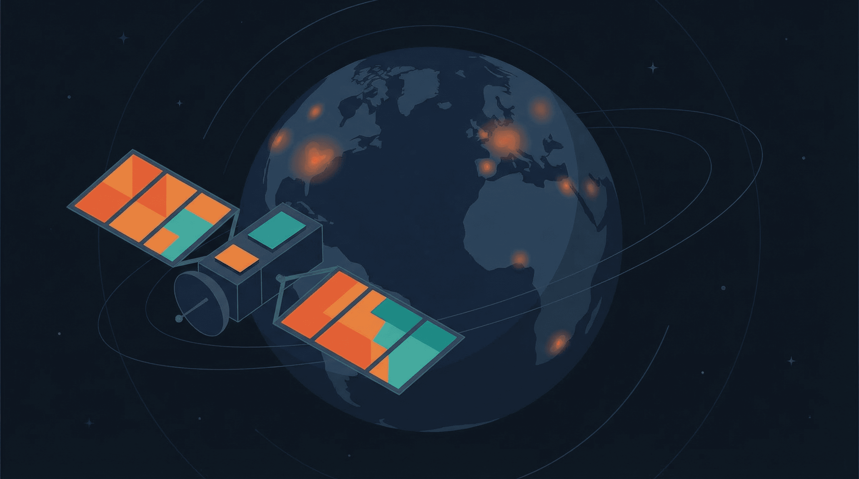 Abstrakte Illustration eines Satelliten über der Erde mit Wärmesignaturen