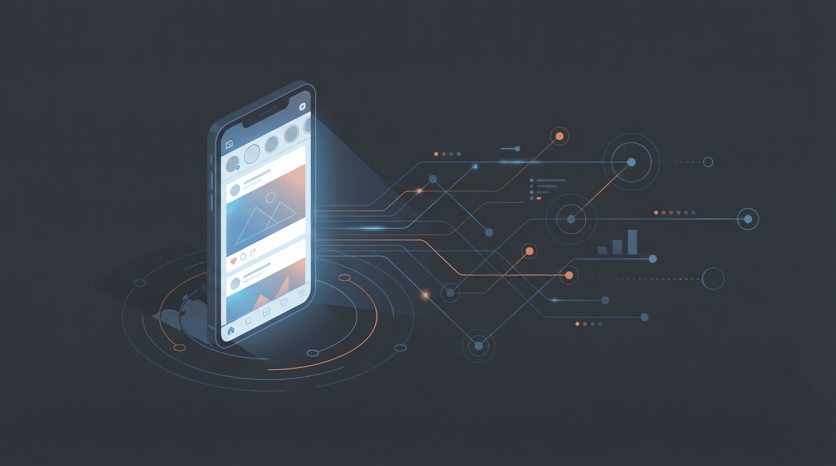 Smartphone mit Social-Media-Icons und Algorithmus-Netzwerk
